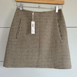 Rebecca Taylor Tweed Check A-Line Skirt Wool Blend Beige Navy Olive Size 4